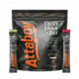 A large black pouch of Attaboy supplement with two smaller single-serving packets on either side.