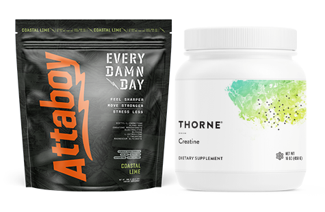 An Attaboy Coastal Lime supplement pouch next to a bottle of Thorne Creatine dietary supplement.