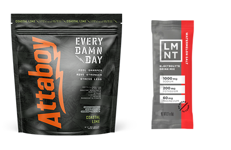 A pouch of Attaboy Coastal Lime supplement next to a single packet of LMNT Watermelon Salt electrolyte mix.