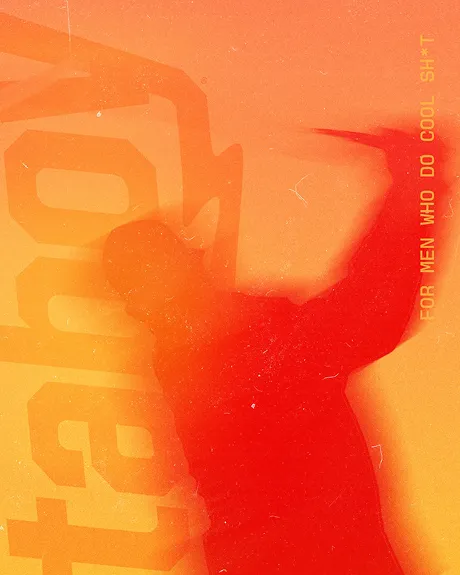 A blurry red silhouette of a person against a grainy, orange-toned background with text.