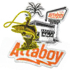 A collection of stickers featuring a cartoon monster and the orange word 'Attaboy'.