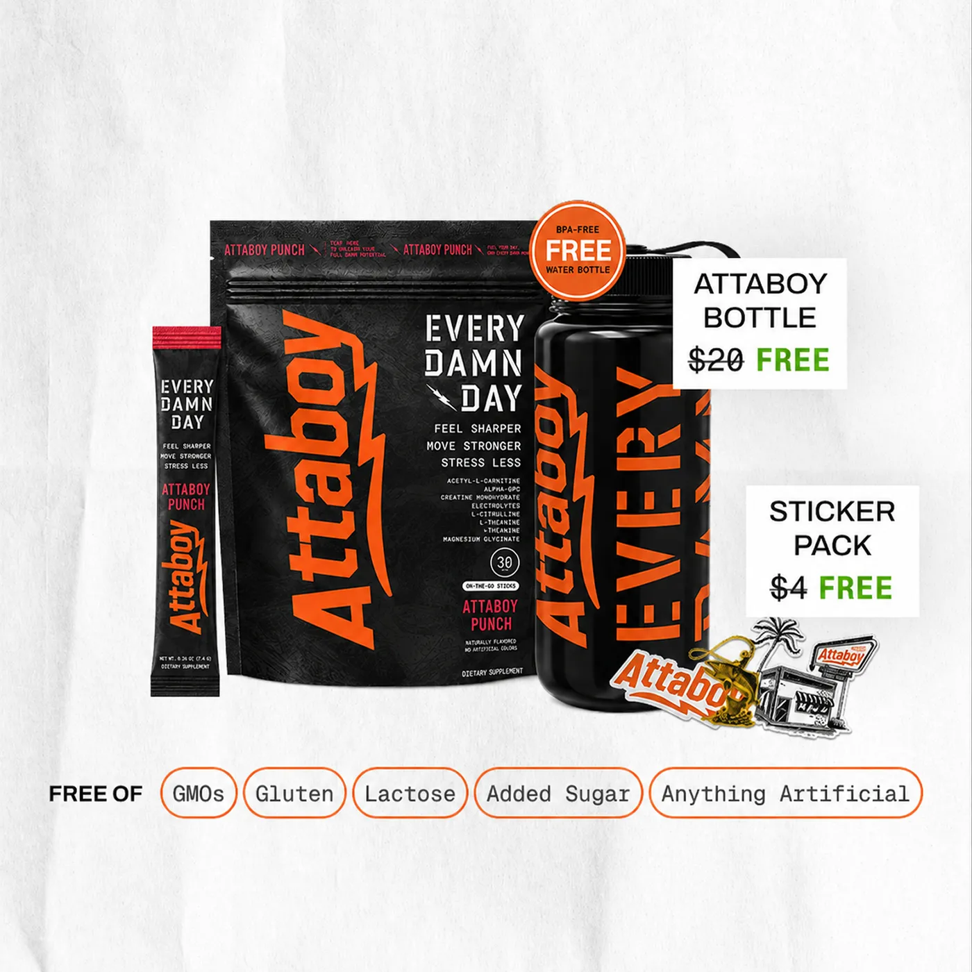 Attaboy dietary supplement products, including a bag, single-serving packet, water bottle, and stickers on a light background.