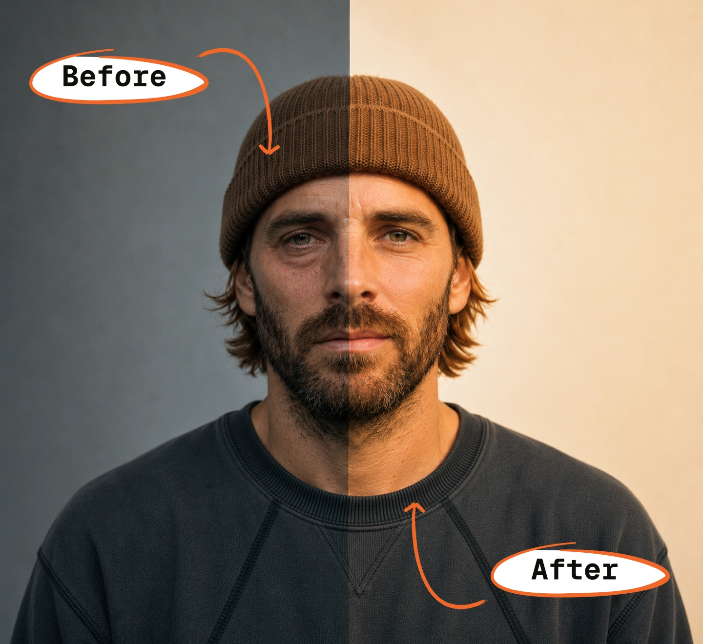 A split portrait of a man in a beanie, showing a before and after comparison of photo editing.