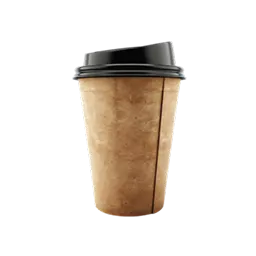 A brown paper coffee cup with a black lid.