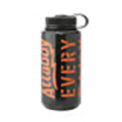 A black reusable water bottle with a screw-top lid and large orange lettering on the side.