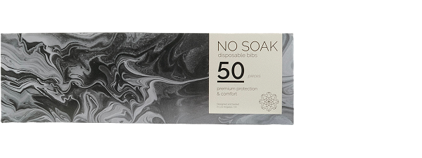 Box of 'No Soak' disposable bibs, 50 pieces, with abstract black and white design.