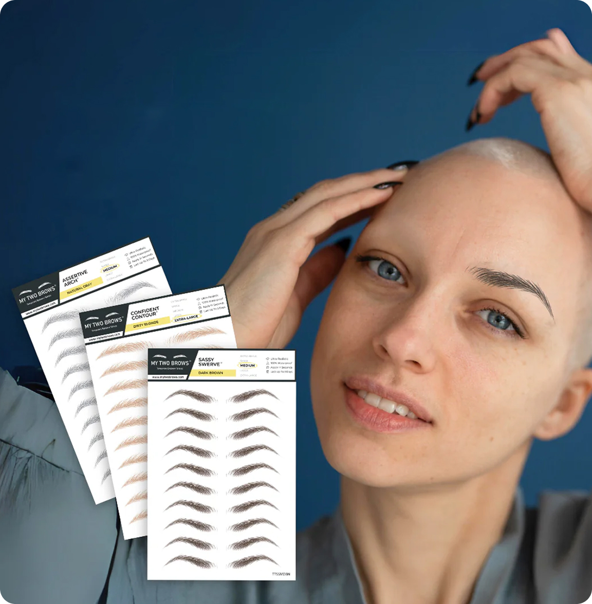 Person with shaved head, holding eyebrow product sheets against a blue background.