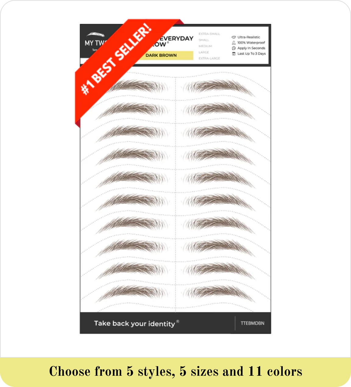 Sheet of dark brown eyebrow stickers labeled as best seller.