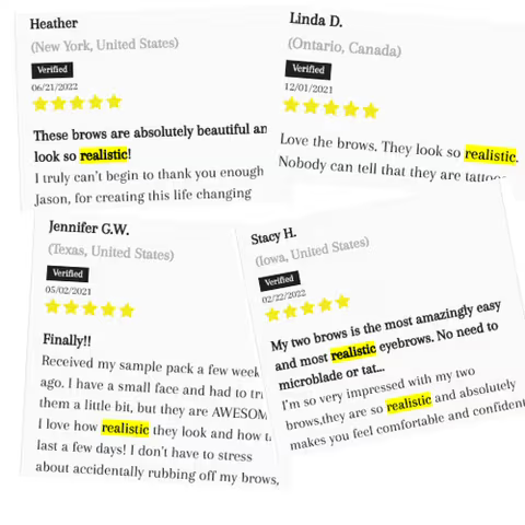 Collage of four product reviews praising realistic-looking brows.