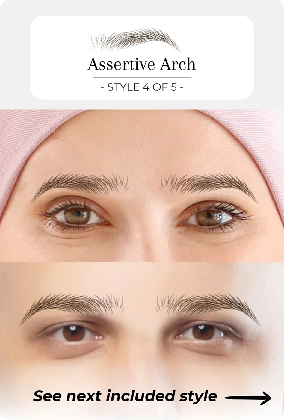 Two close-up images of eyebrows labeled 'Assertive Arch - STYLE 4 OF 5'.