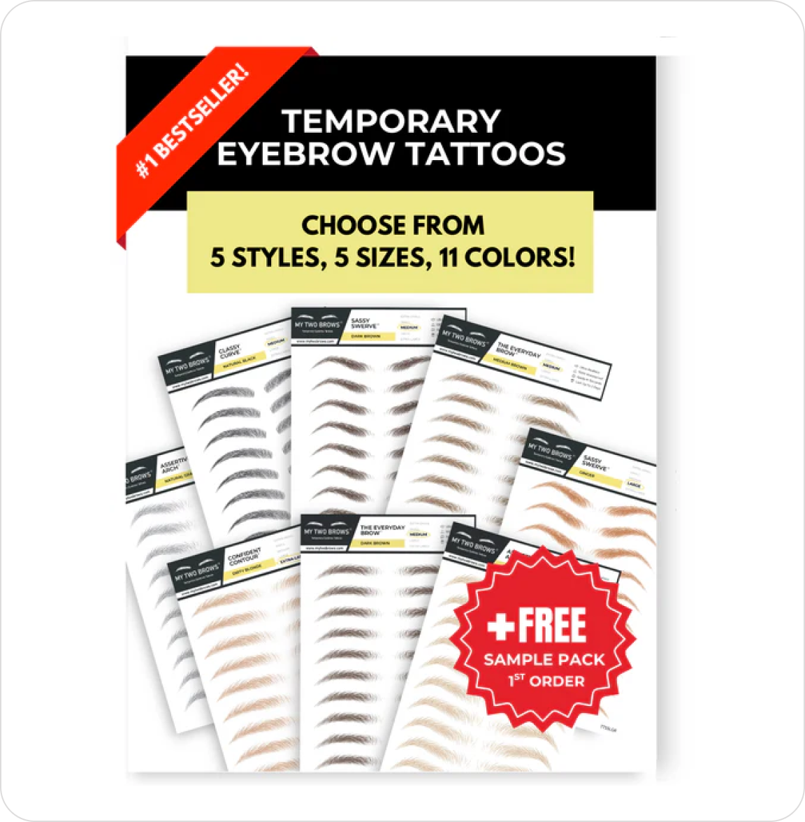Image of multiple temporary eyebrow tattoo packs with various styles and a free sample offer.