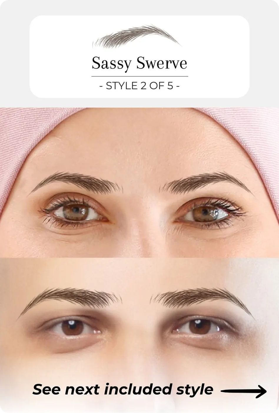 Comparison of two eyebrow styles labeled 'Sassy Swerve - Style 2 of 5'.