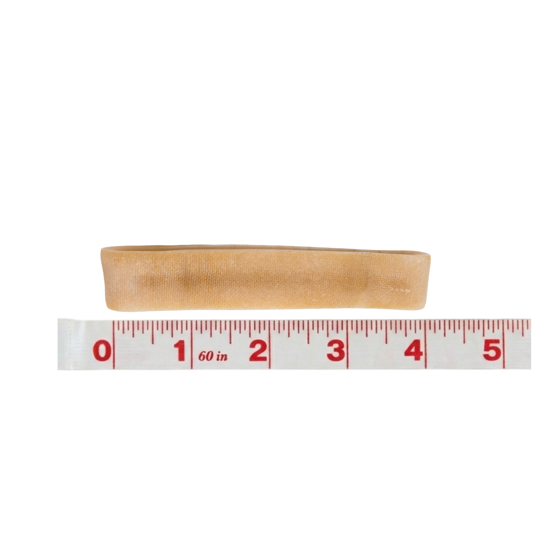 A tan, textured band is measured with a tape measure, indicating a length of almost four inches.