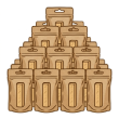 An illustration of brown resealable pouches stacked in a pyramid shape against a white background.