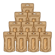 A cartoon drawing of brown paper pouches with clear windows stacked in a pyramid formation.