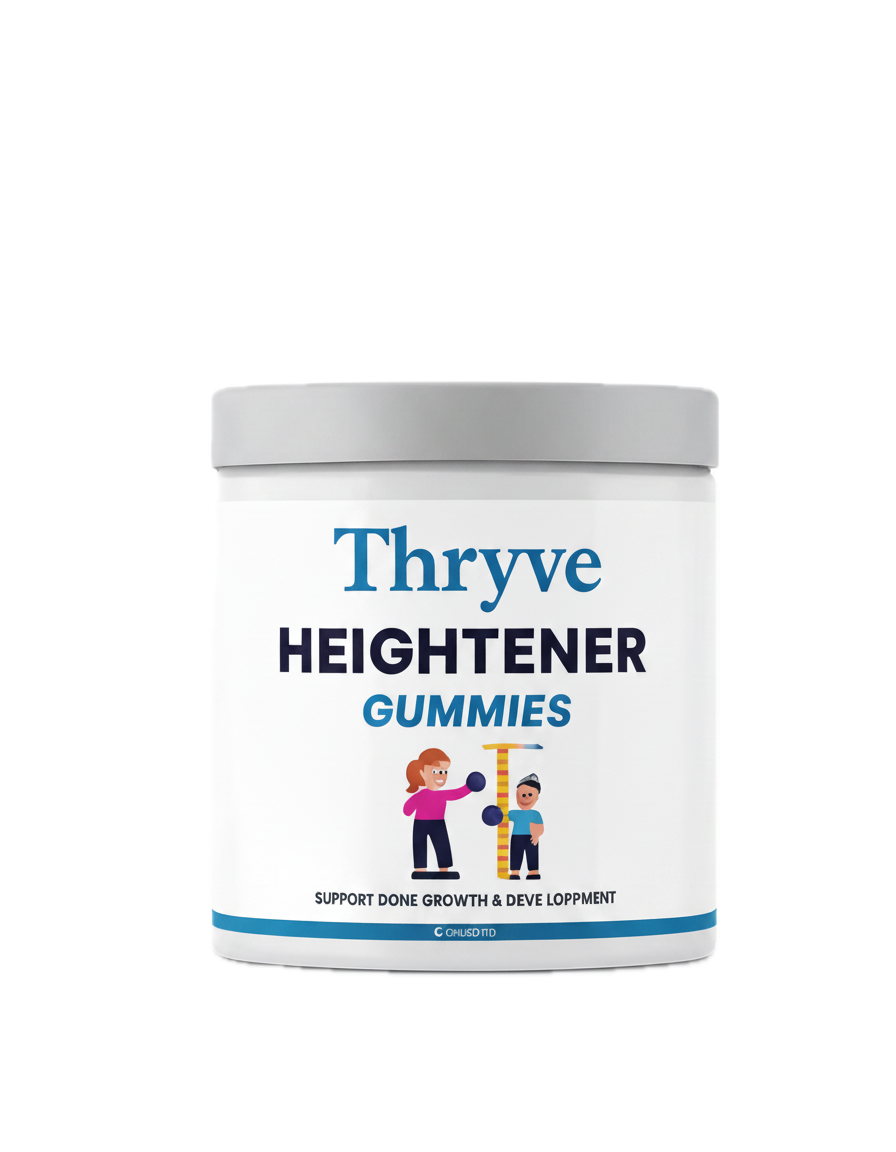 A jar labeled 'Thryve Heightener Gummies' with cartoon children illustration.