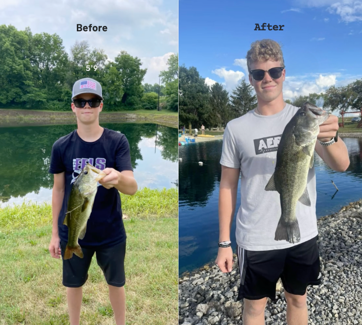 Two side-by-side images of a person holding fish beside a pond, labeled 'Before' and 'After'.