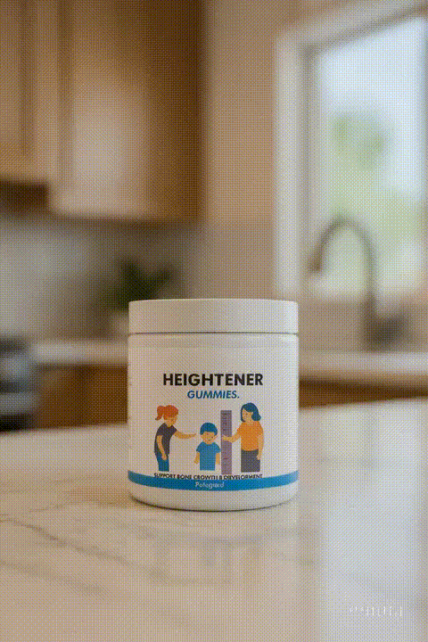 White container of gummies labeled 'Heightener' on a kitchen counter.