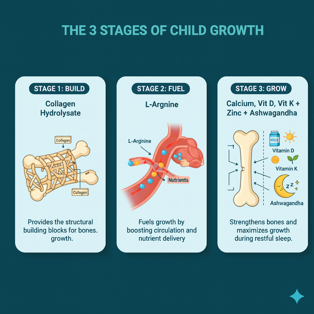 Diagram illustrating three stages of child growth: Build, Fuel, and Grow, with nutrients and bones.