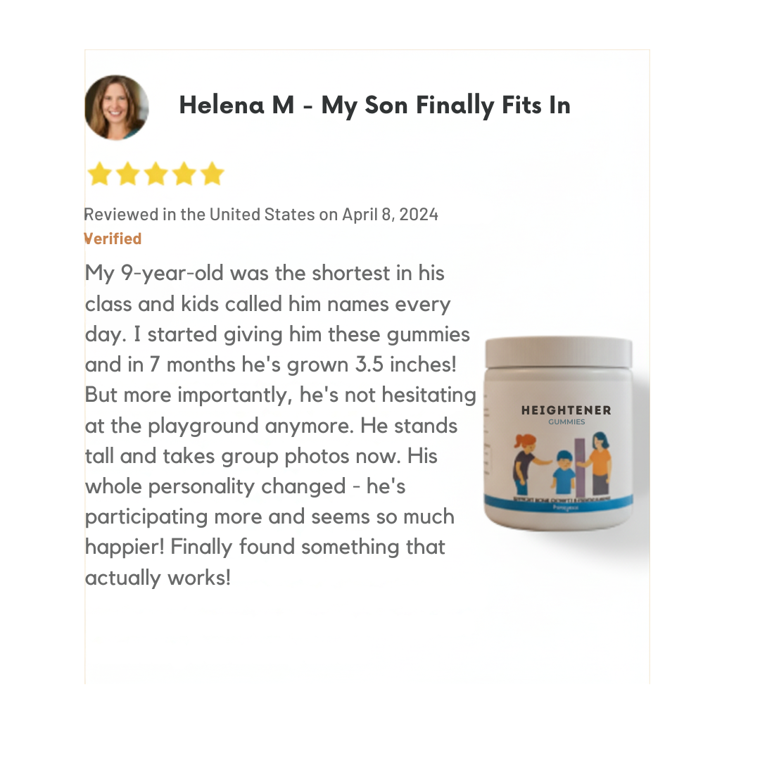 Product review with five stars and a bottle labeled 'Heightener Gummies.'