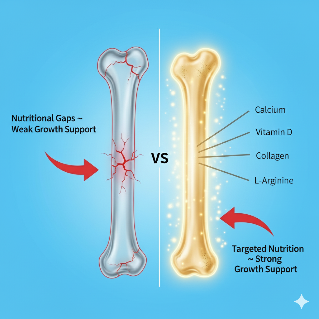 Illustration comparing weak bone with nutritional gaps and strong bone with targeted nutrition.