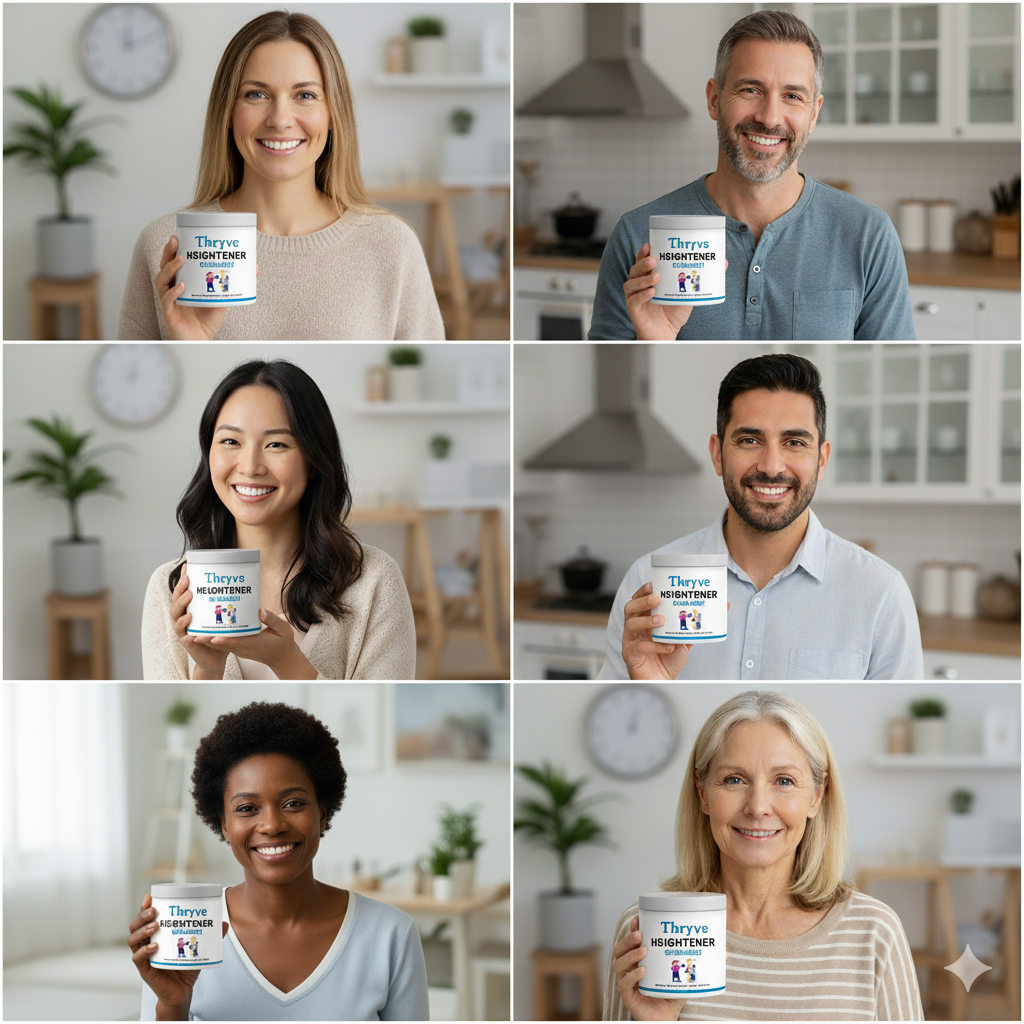 Collage of six people holding jars labeled 'Thryve' in kitchen backgrounds.