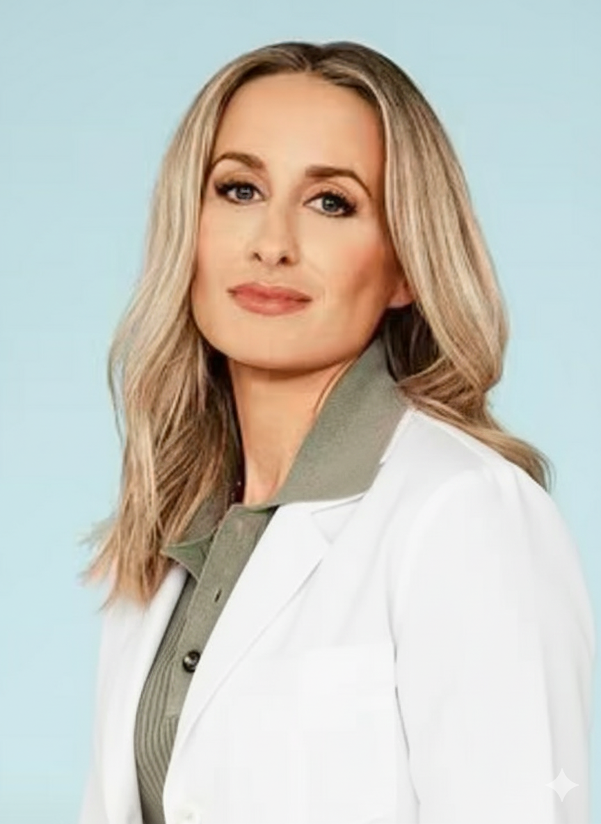 Person with long hair in a white coat against a light blue background.