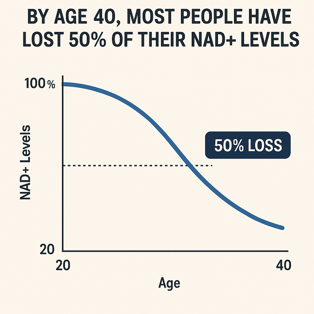 Graph showing NAD+ levels decreasing by 50% from age 20 to 40.