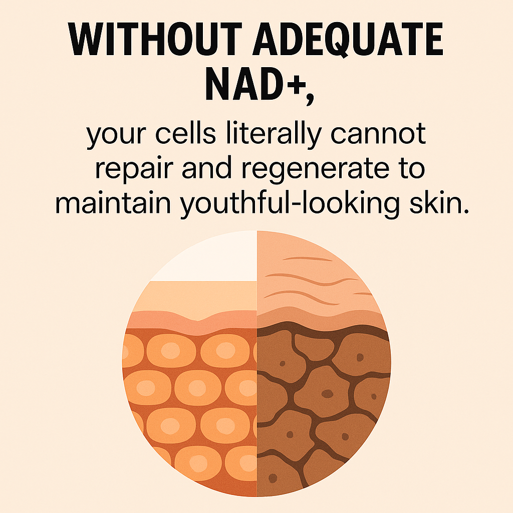 Illustration comparing healthy and damaged skin cells with text about NAD+ and skin repair.