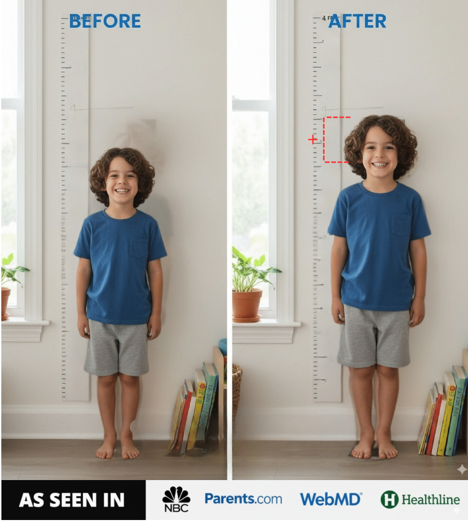 Child in blue shirt standing by height chart, 'Before' and 'After' comparisons on wall.
