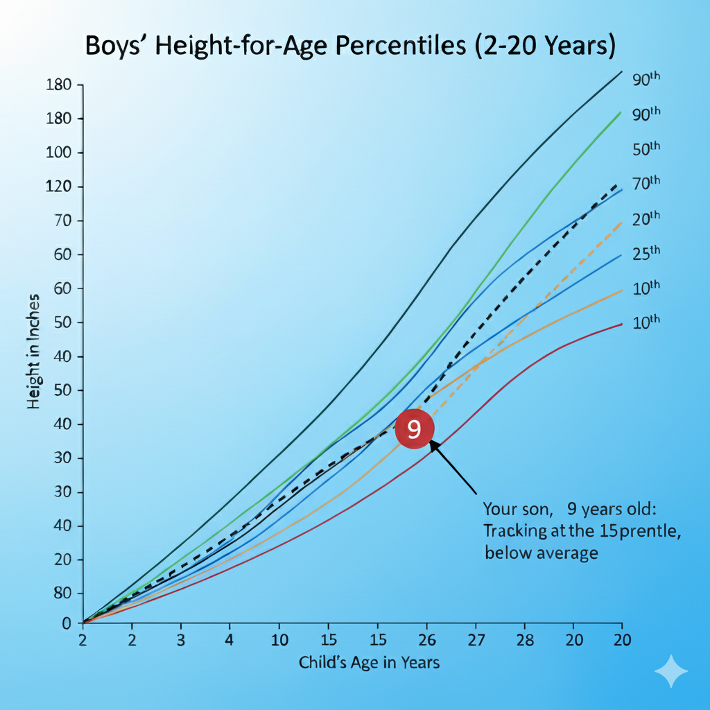 Line graph showing boys' height percentiles by age with a highlighted data point.