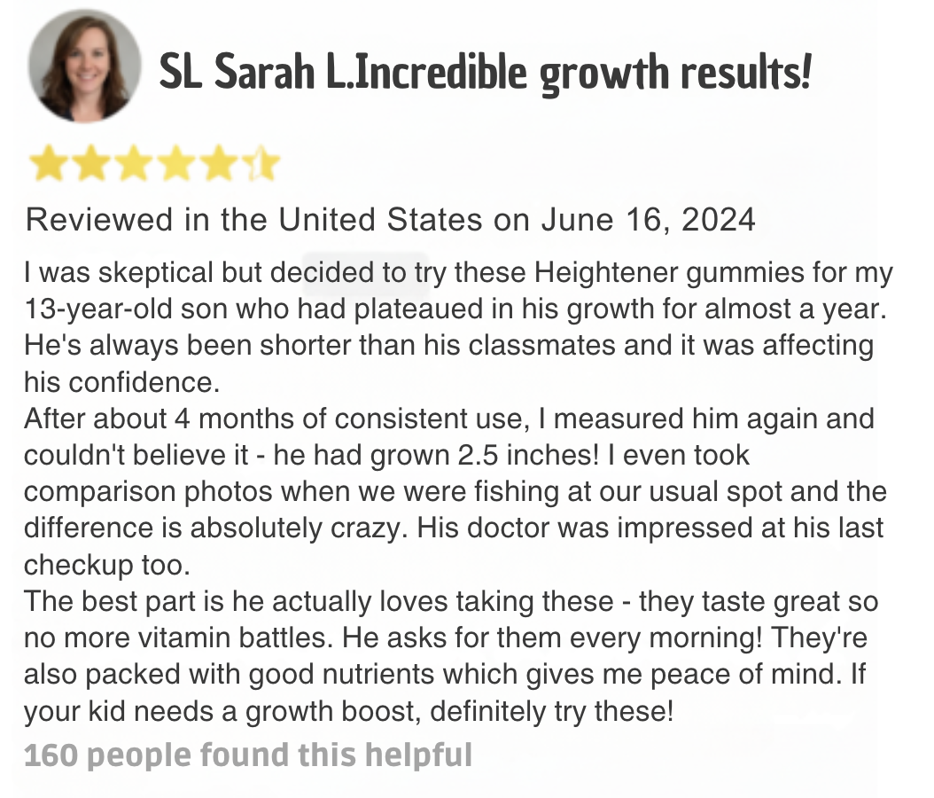 Review of Heightener gummies by Sarah L. with a five-star rating.