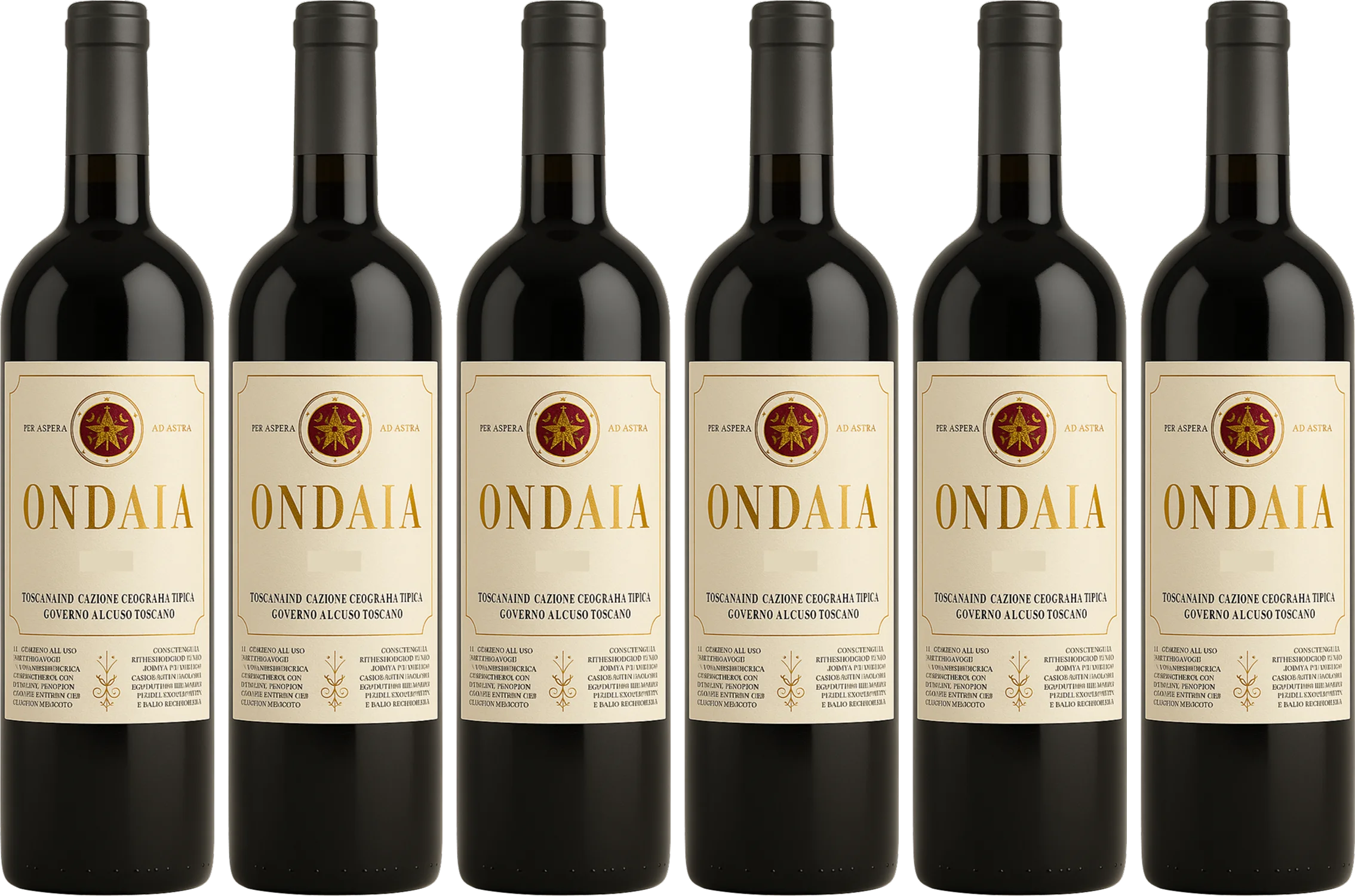 A row of six identical bottles of Ondaia red wine against a solid dark green background.