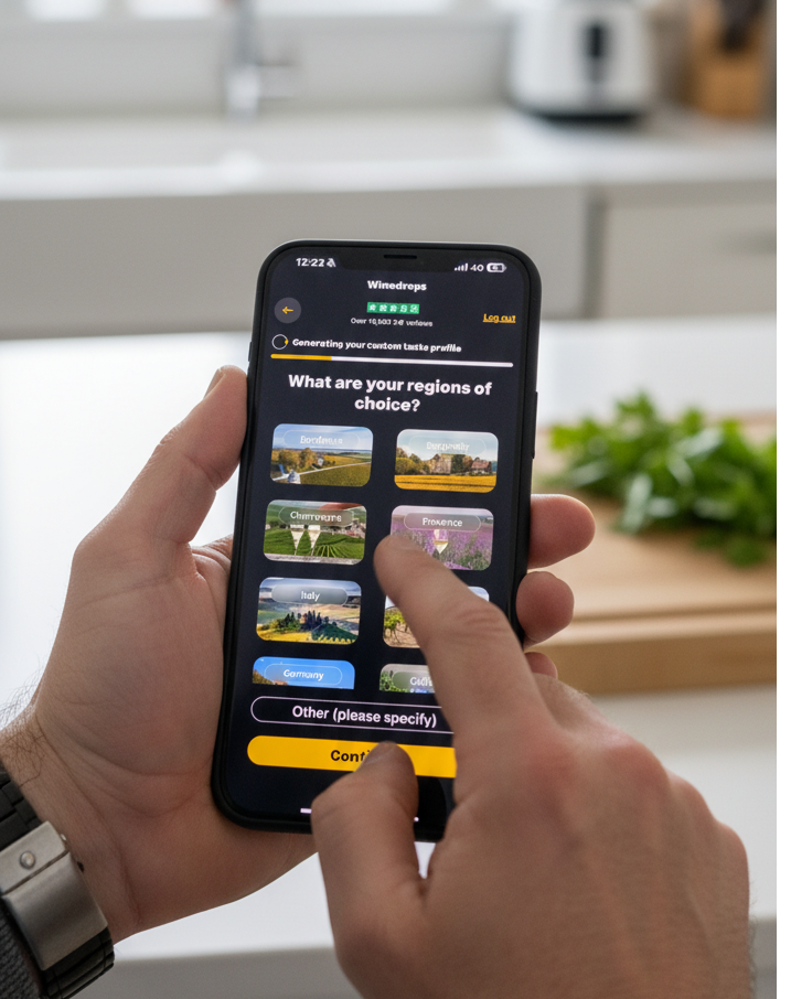 A person holds a smartphone and uses a finger to select a wine region on an app.