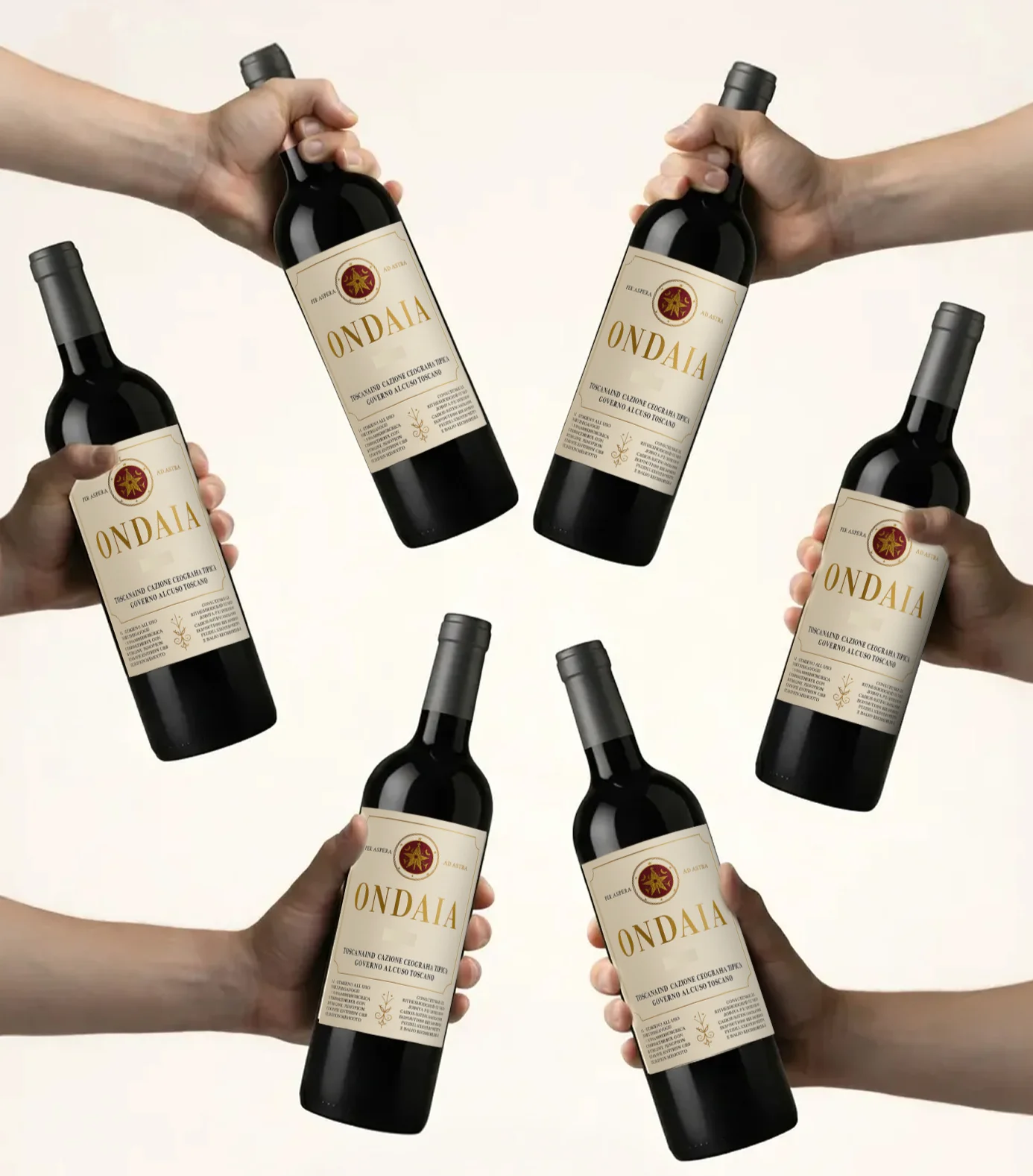 Six hands hold identical bottles of Ondaia red wine in a circular pattern against a white background.