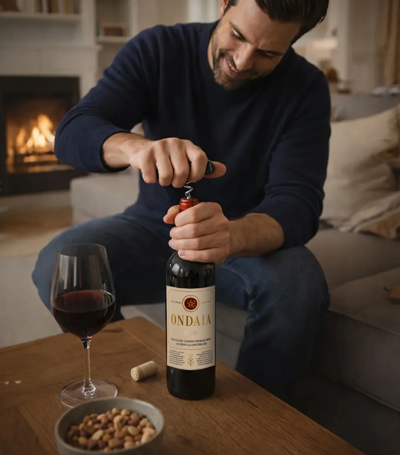 A smiling man opens a bottle of red wine with a corkscrew in a cozy living room.