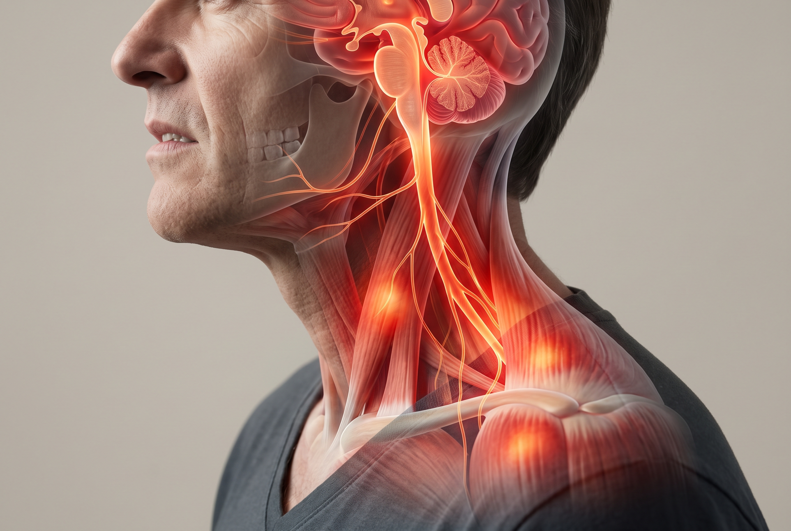 Anatomical illustration showing a man's brain, nerves, and muscles, with pain highlighted in the neck and shoulder.