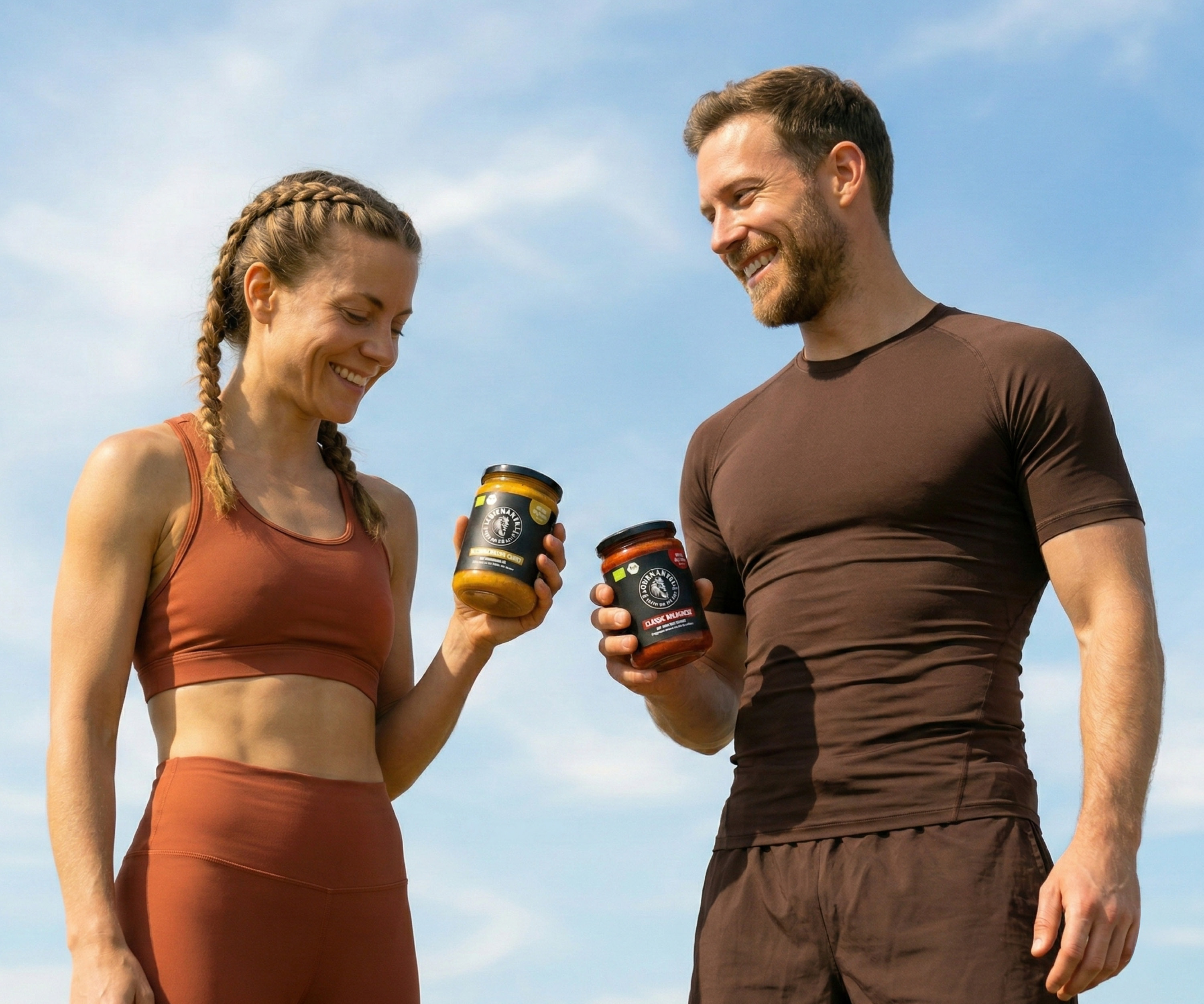 A man and woman in athletic wear smile at each other while holding jars of food.