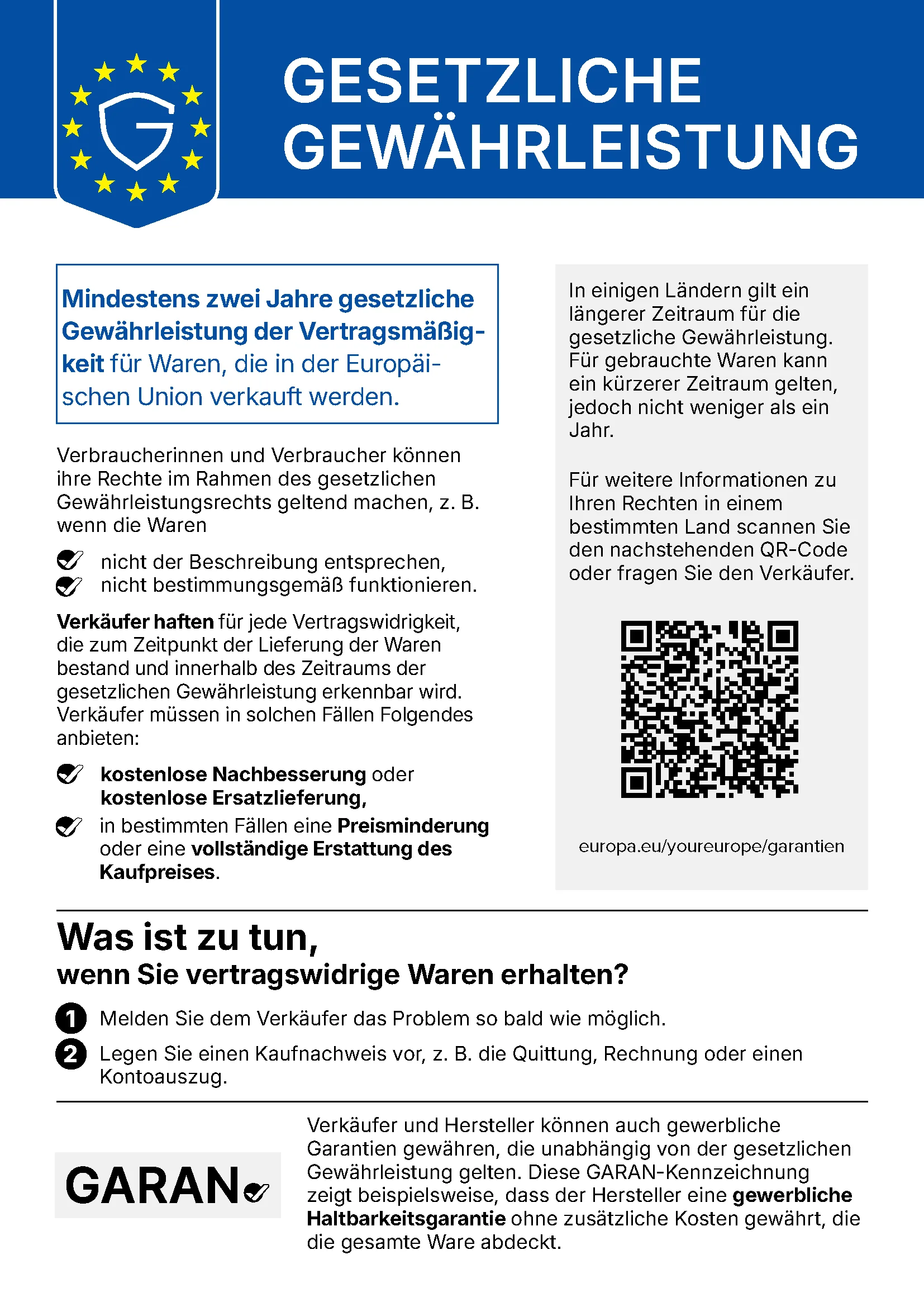 An informational poster in German about legal warranties, with an EU logo, text, and a QR code.