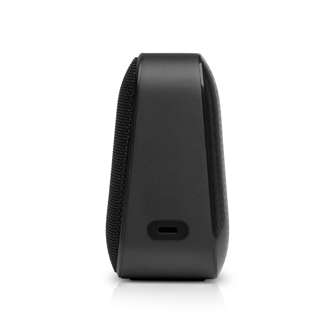 Side view of a small, black portable speaker showing a USB-C charging port on a white background.