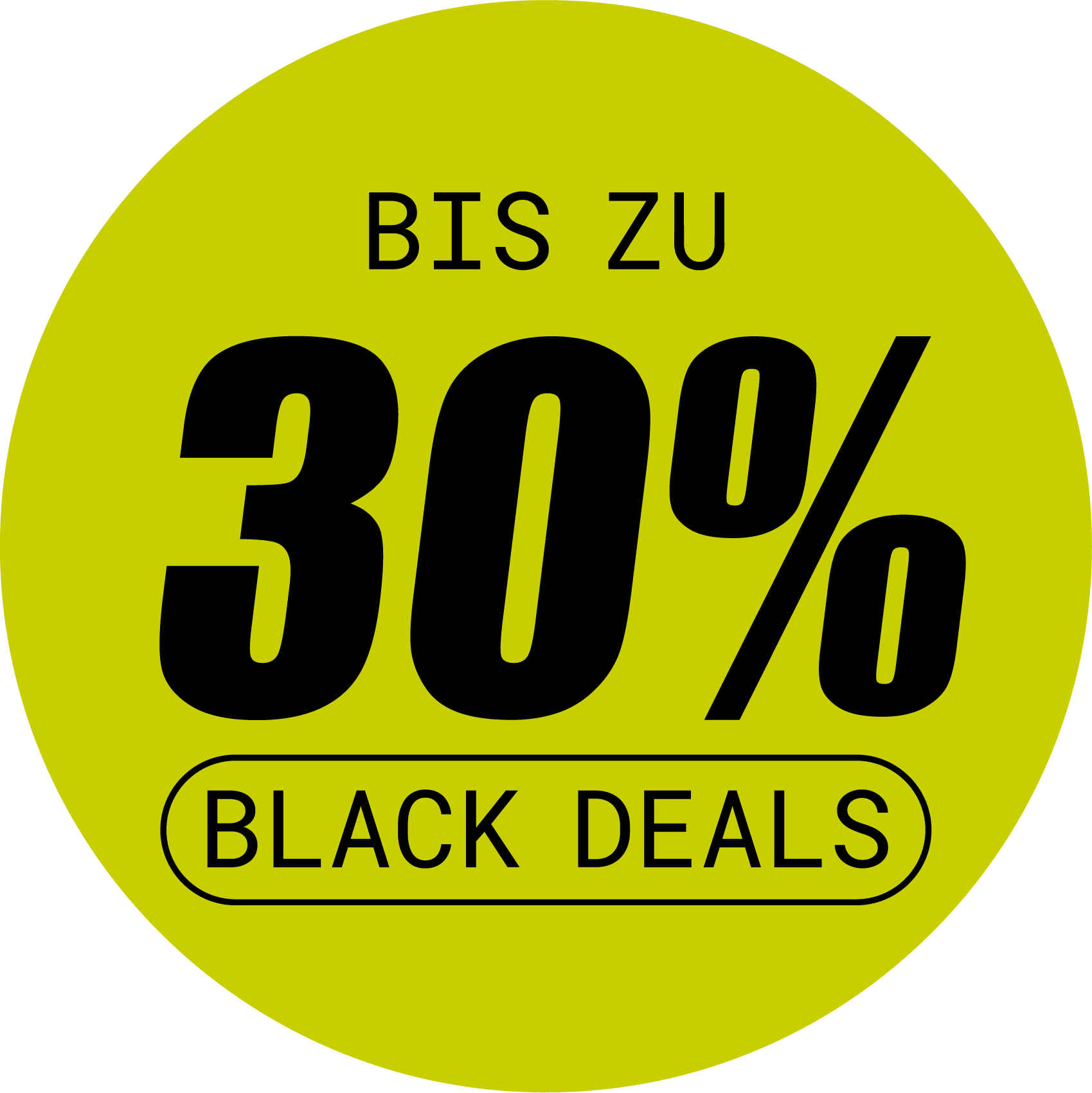 Yellow circle with text: Bis zu 30% Black Deals.