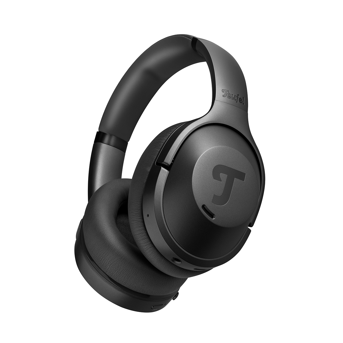 A pair of black Teufel over-ear headphones with a 'T' logo, shown against a white background.