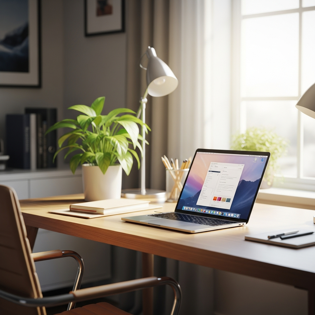 A laptop on a wooden desk in a well-lit home office with a plant and desk lamp.