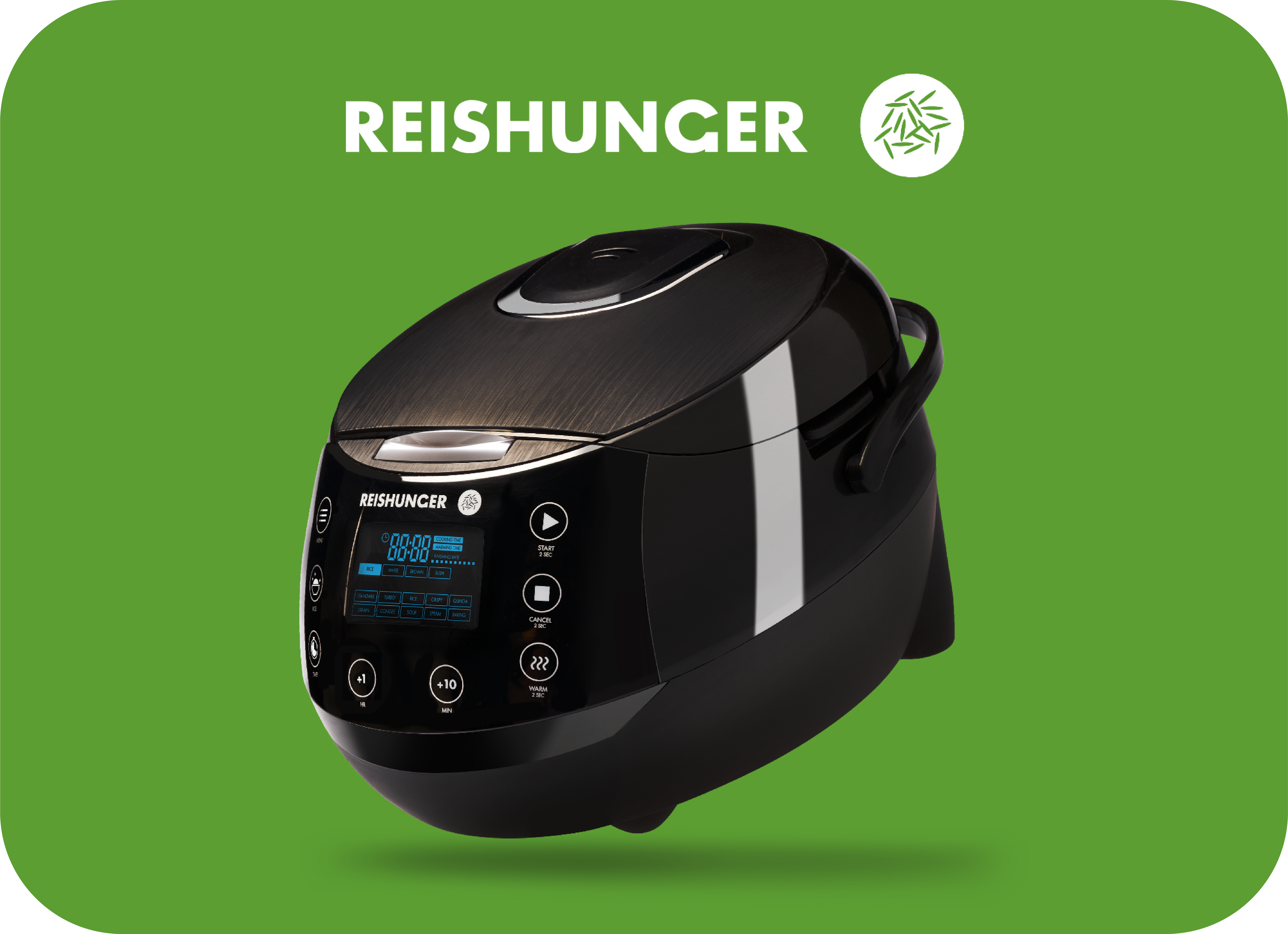 A black Reishunger digital rice cooker shown at an angle against a solid green background.