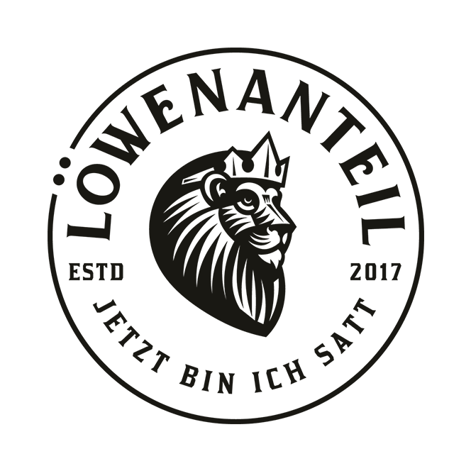 Circular logo with a crowned lion and text 'Löwenanteil ESTD 2017'.