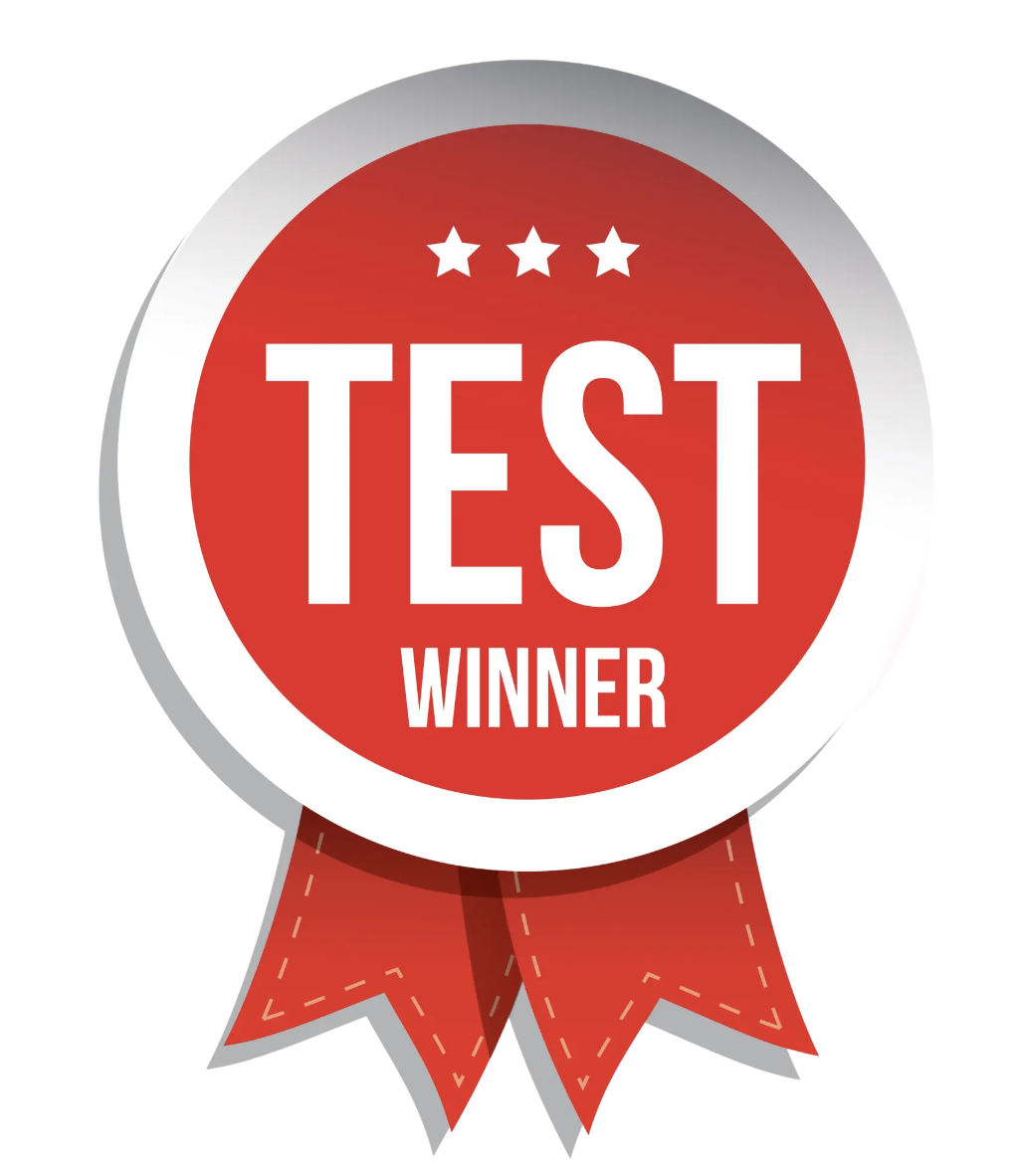 Red and white badge with 'Test Winner' text and three stars.