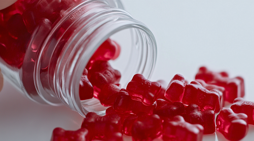 A jar of red gummy bears spilling onto a surface.