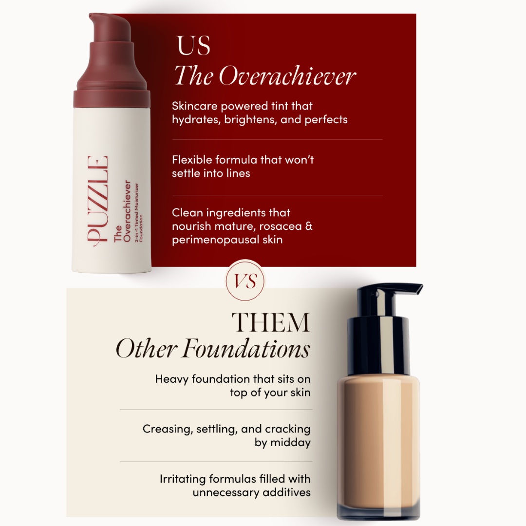 A comparison graphic showing Puzzle's 'The Overachiever' tinted moisturizer versus a bottle of another foundation.
