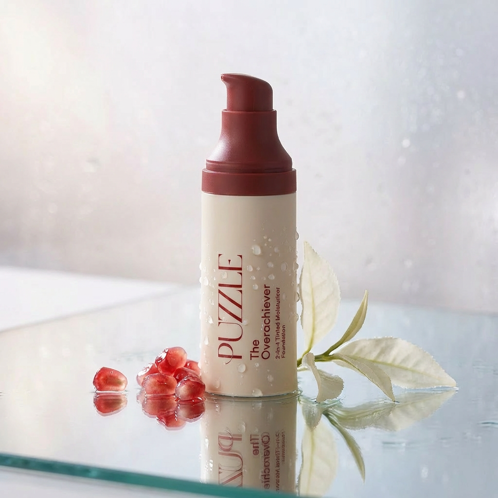 A bottle of Puzzle foundation sits on a wet, reflective surface next to pomegranate seeds and white leaves.