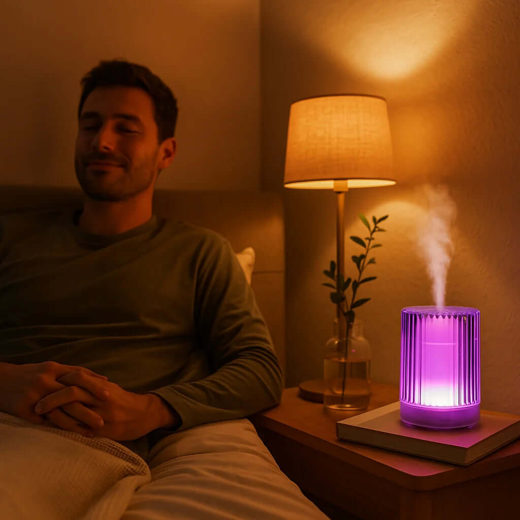 man relaxing in bed next to a glowing purple essential oil diffuser, emphasizing a toxin-free, aromatic atmosphere